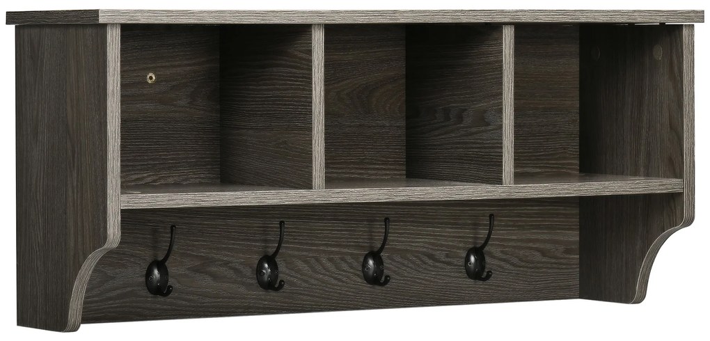 Móvel Cabide de Entrada Prateleira Flutuante com 4 Ganchos e 3 Compartimentos para Roupas Bolsas para Corredor Entrada 80x24x35,5cm Cinza Escuro