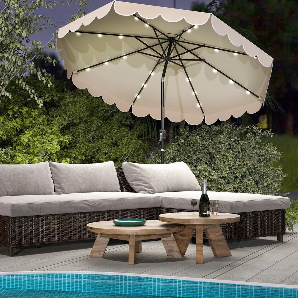 Guarda-sol de 300 cm com 24 luzes LED, parte superior ventilada, folhos e ajuste de inclinação Bege