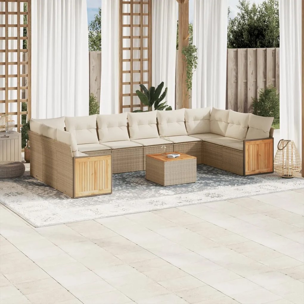 11 pcs conjunto sofás de jardim c/ almofadões vime PE bege