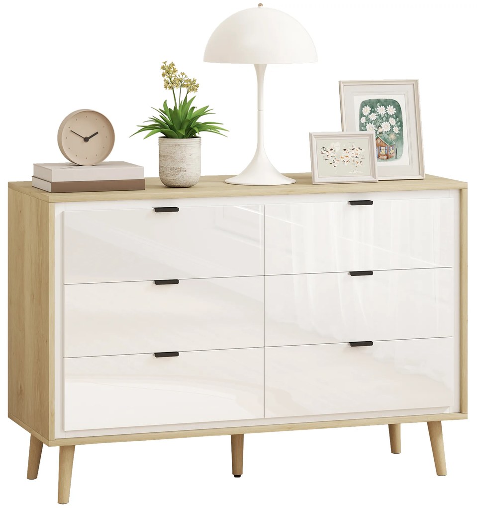 Cómoda 6 Gavetas 110x40x75 cm Quarto com Pernas de Madeira Estilo Moderno  Branco Brilhante e Carvalho