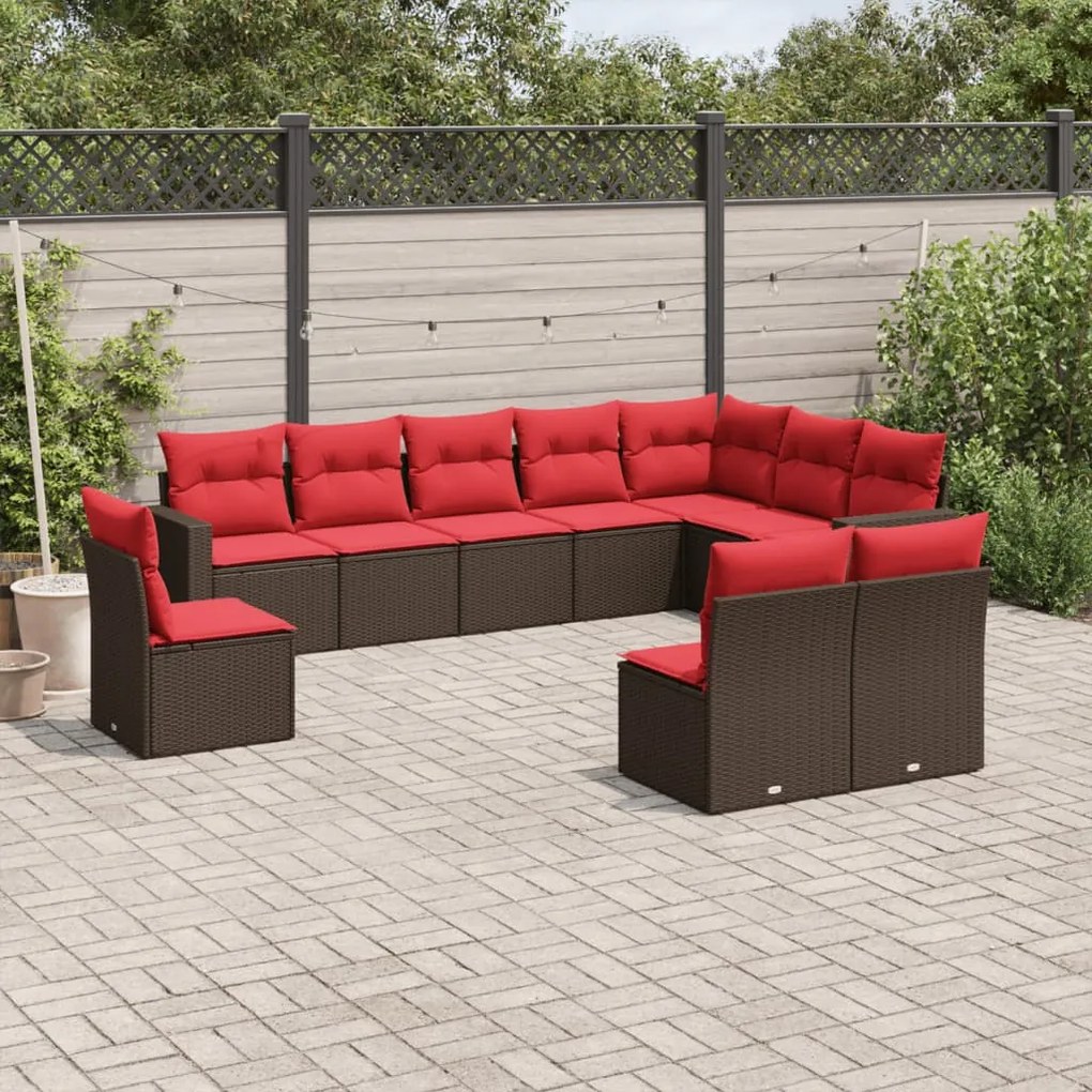 vidaXL 10 pcs conj. sofás jardim com almofadões vime PE castanho