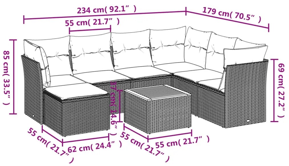 8 pcs conjunto sofás de jardim com almofadões vime PE preto