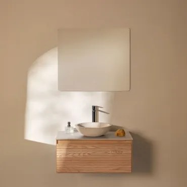 Conjunto De Móvel De Casa De Banho Suspenso 80x50 Cm Em Madeira De Freixo Tedrik Castanho Fresno & Cimento Redondo Branco Ø40 Cm Zavion - Sklum