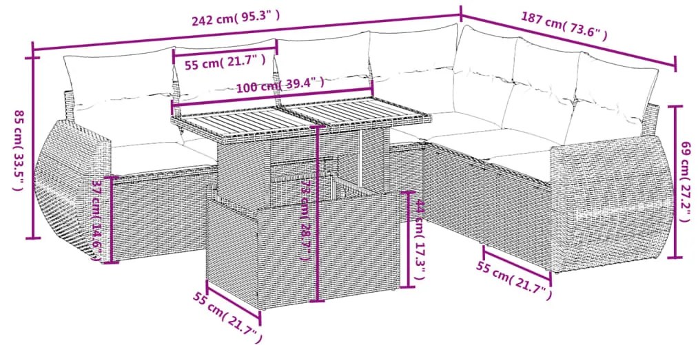 7 pcs conjunto de sofás p/ jardim c/ almofadões vime PE preto
