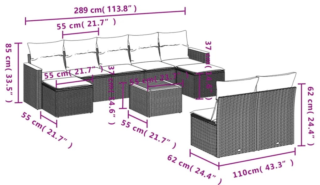 10 pcs conjunto sofás de jardim c/ almofadões vime PE cinzento