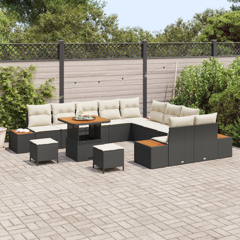 Conjunto de Sofá de Jardim de 13 Peças com Almofadas Preto Vime Sintét