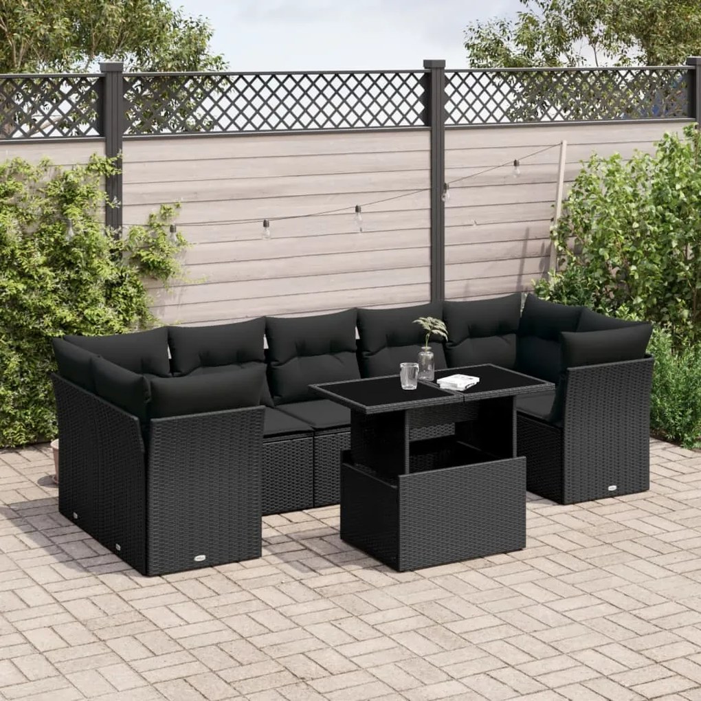8 pcs conjunto sofás de jardim com almofadões vime PE preto