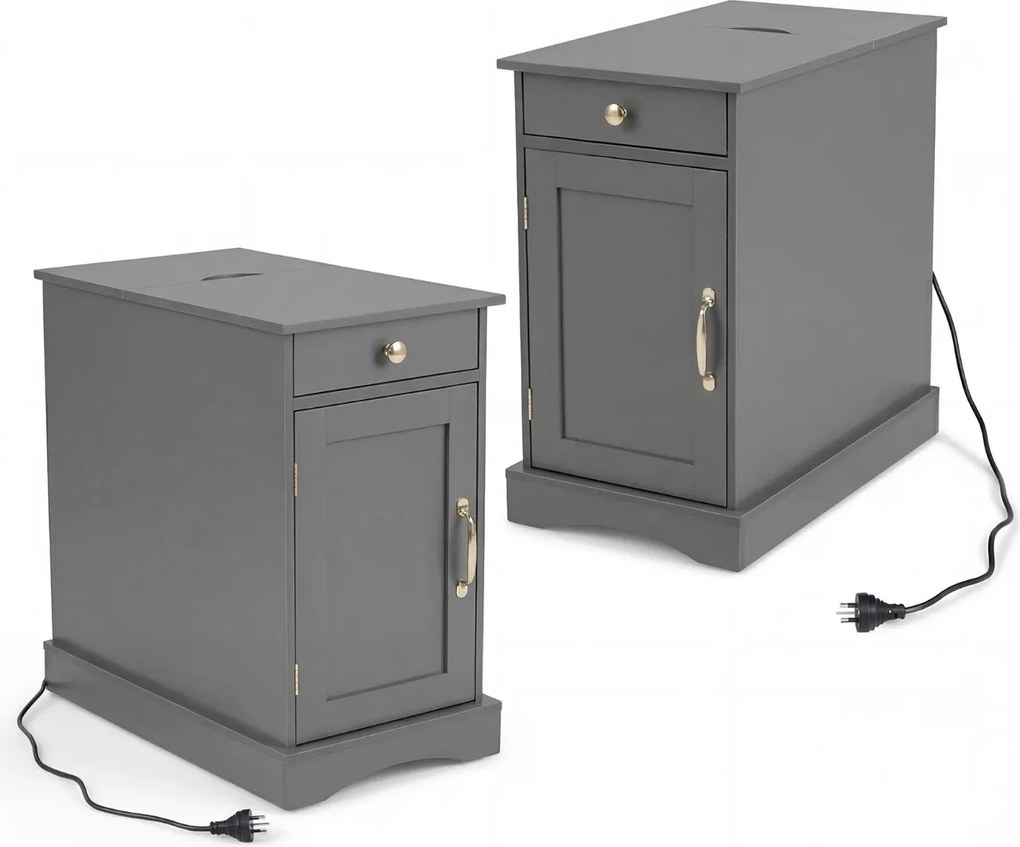 Conjunto de 2 mesas de cabeceira, mesa apoio 35 x 60 x 62 cm com estação de carregamento com gaveta Cinza
