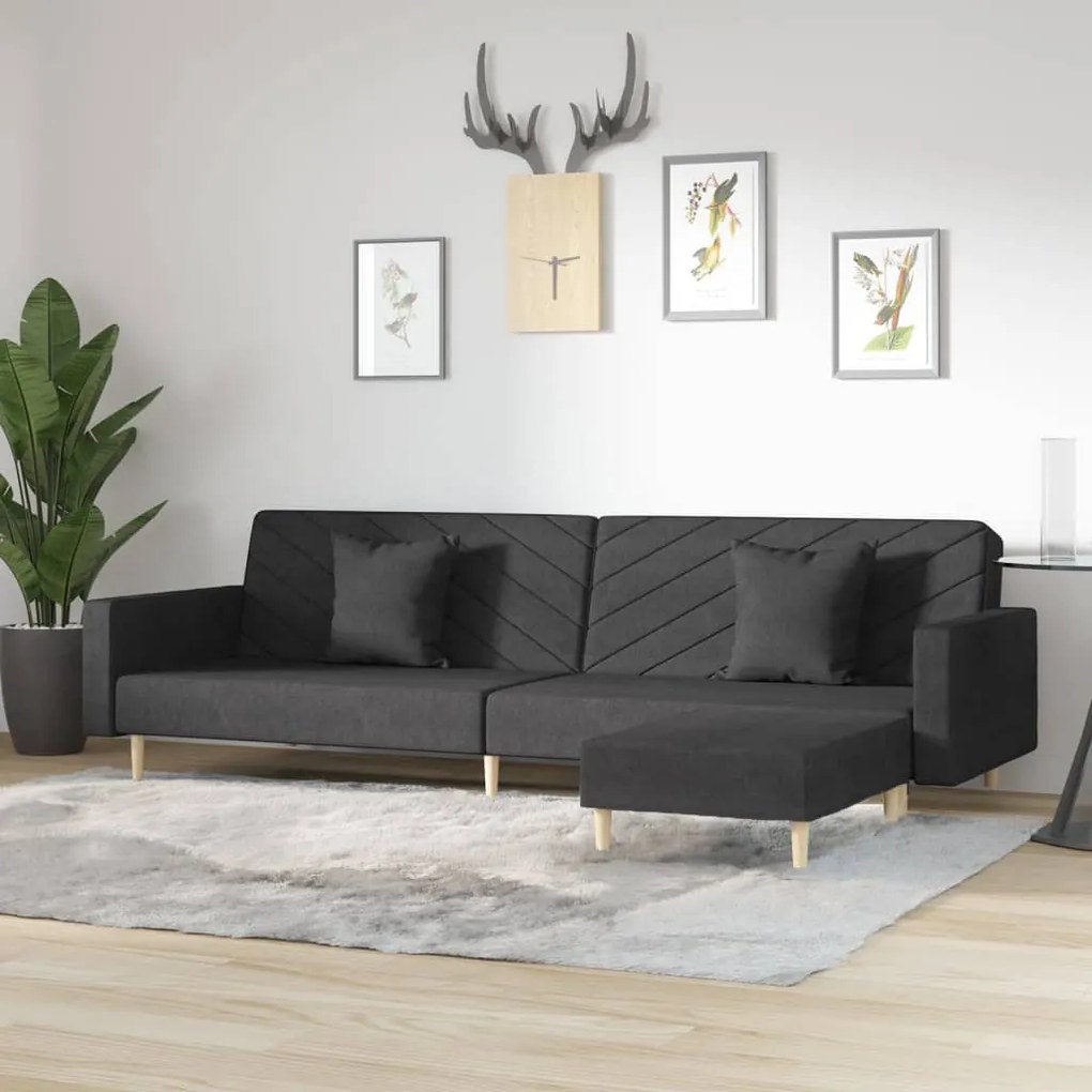 3081821 vidaXL Sofá-cama de 2 lugares c/ 2 almofadas e apoio pés tecido preto