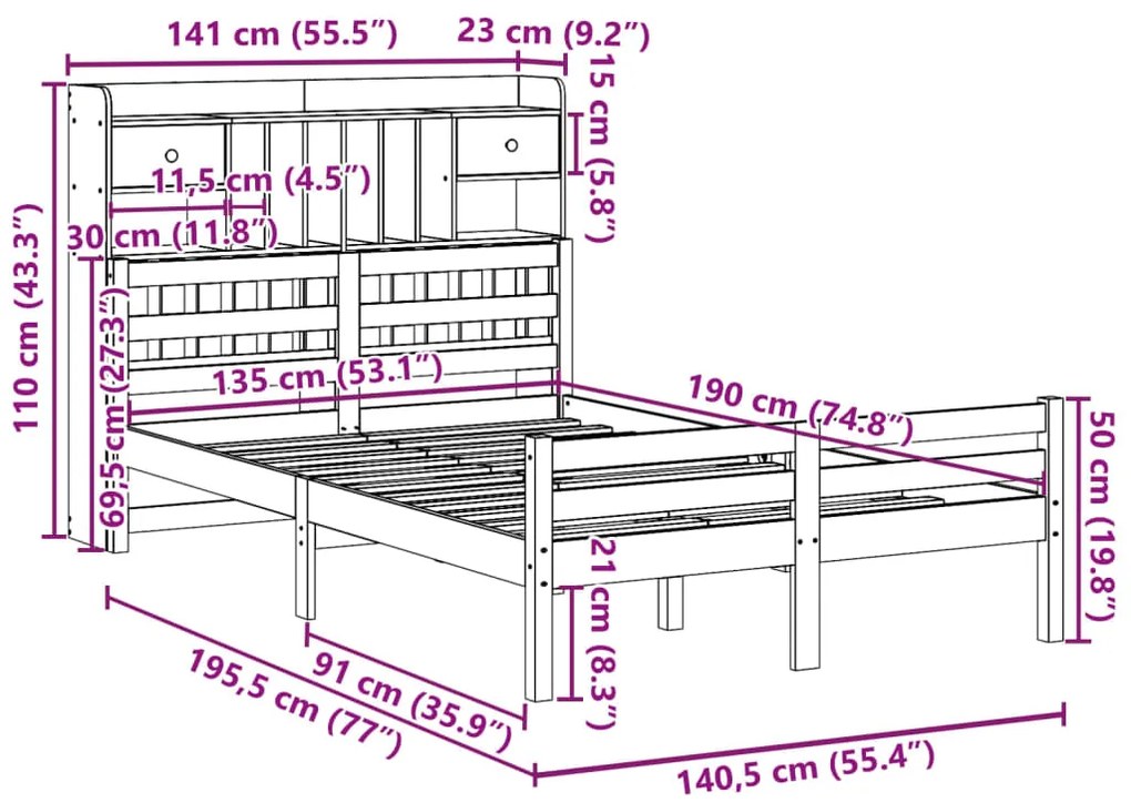 Cama com estante sem colchão 135x190 cm pinho maciço branco