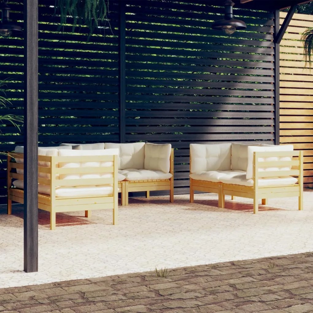 vidaXL 6 pcs conjunto lounge jardim c/ almofadões creme pinho maciço