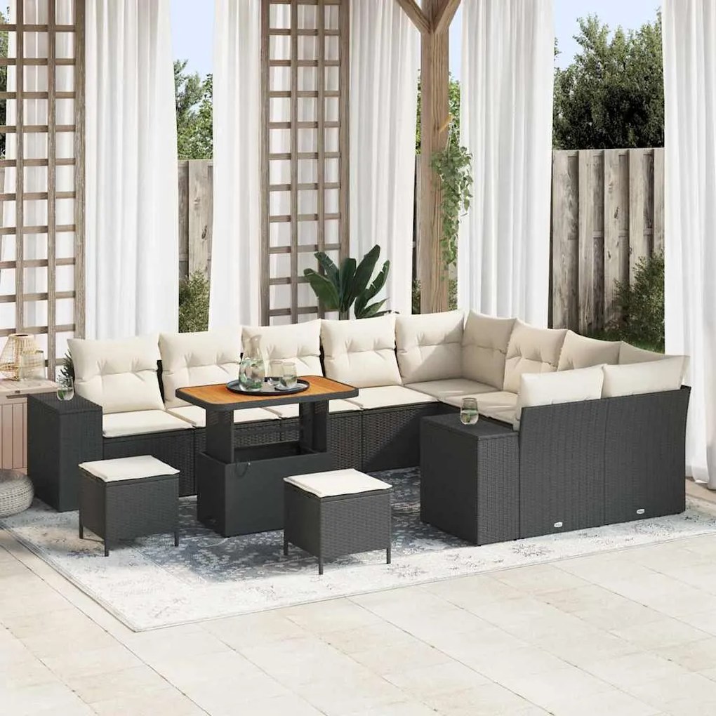 Conjunto de Sofás de Jardim de 12 Peças com Almofadas Preto Rattan Pol