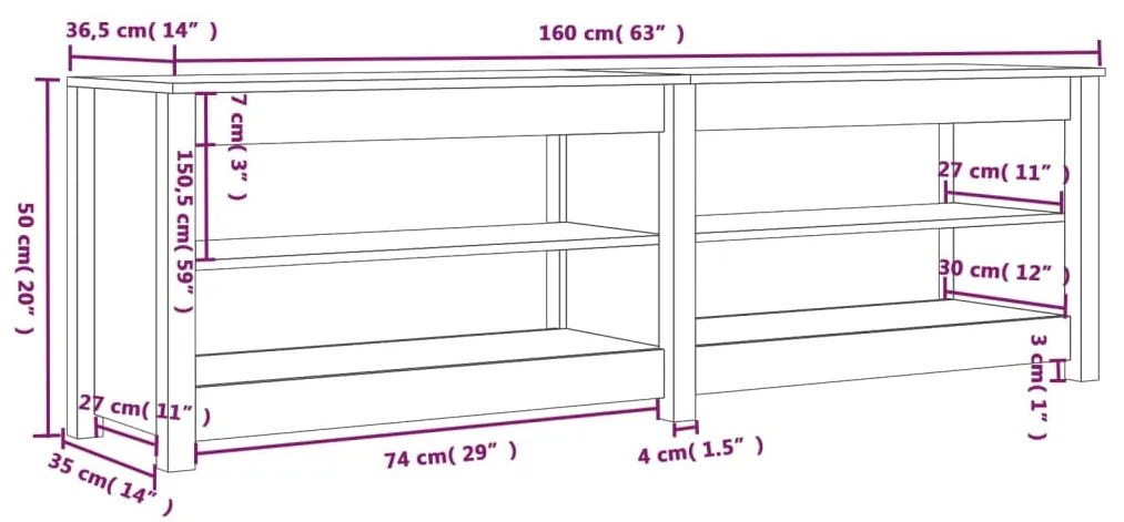 Banco sapateira 160x36,5x50 cm pinho maciço branco