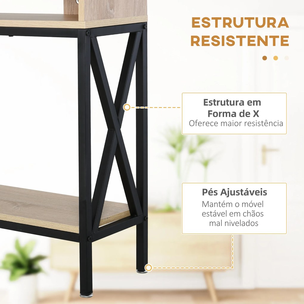 Mesa Consola Estilo Industrial Vintage com 3 Prateleiras e Estrutura Metálica 120x23,5x75cm Carvalho e Preto