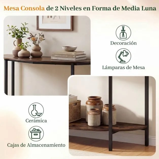 Mesa consola 100 x 29,5 x 80 cm em forma de meia-lua com 2 níveis, prateleira aberta, metal, com base antiderrapante, para entrada, sala de estar, cor