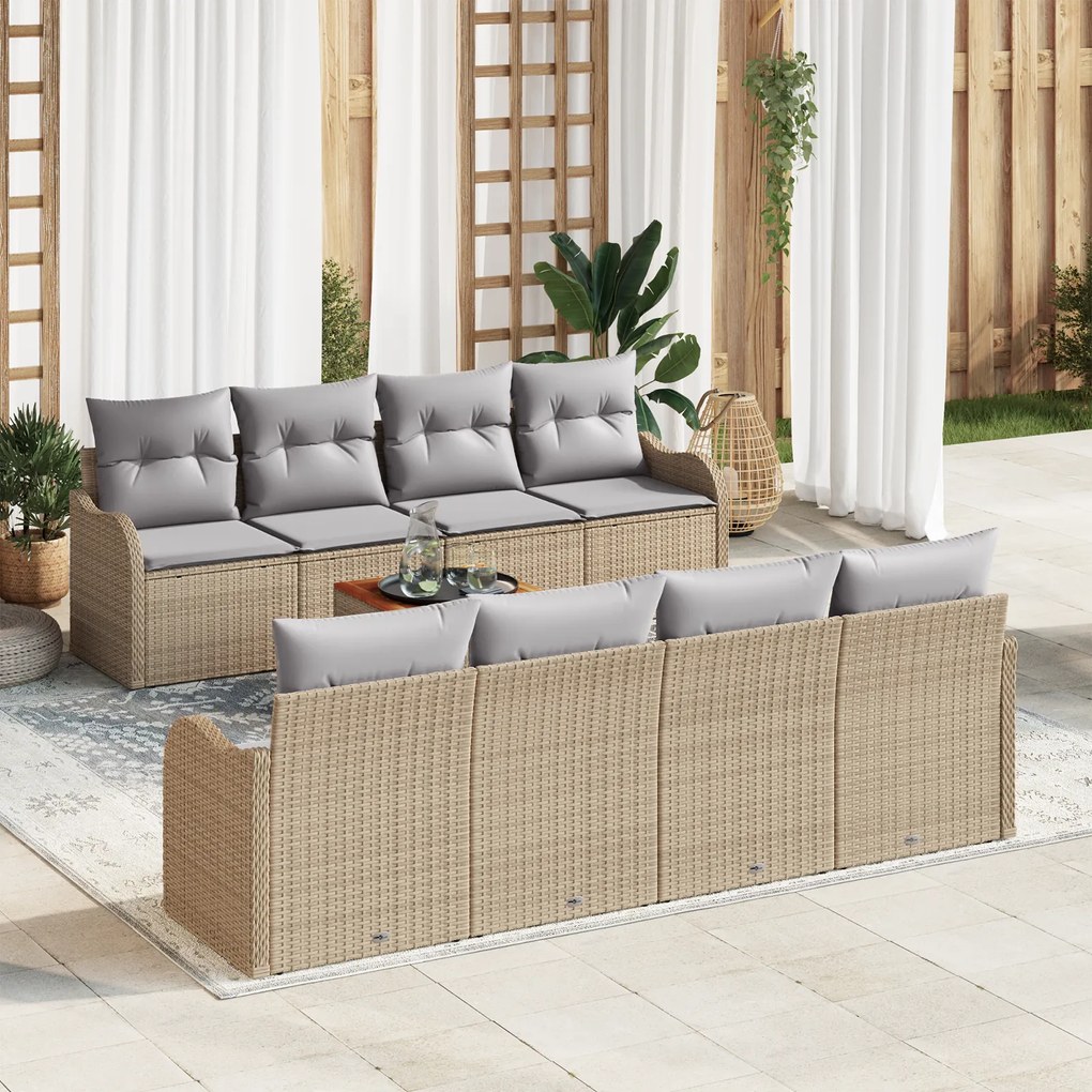 Conjunto de Sofás de Jardim de 9 Peças com Almofadas Bege Poliratan Acácia
