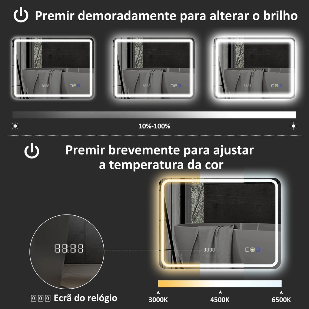 Espelho de Casa de Banho com Luz LED 70x50 cm Bluetooth 3 Cores de Luz Relógio Digital Função Antiembaciamento Memória Prata