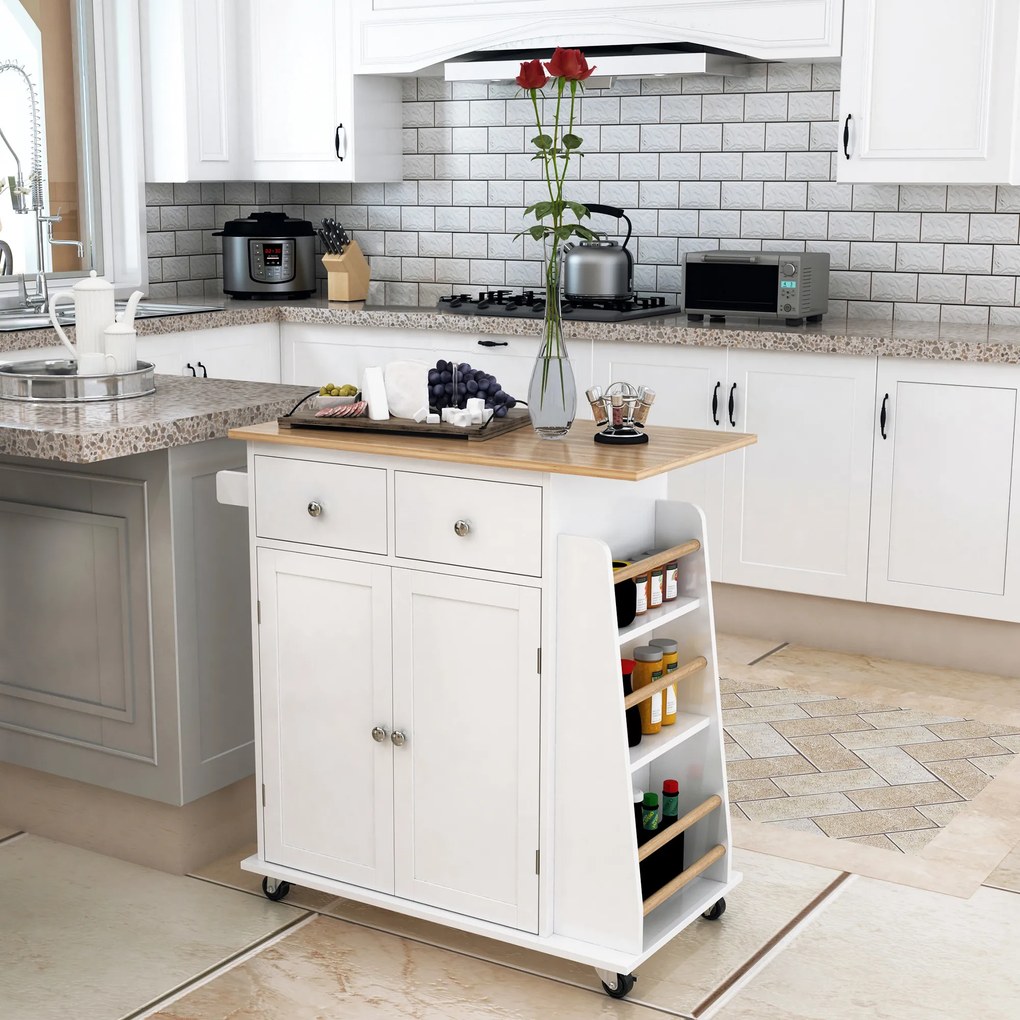 Carrinho de cozinha com ilha, bancada, prateleira para garrafas, suporte para panos de cozinha, 2 gavetas e armário de 2 portas em MDF branco