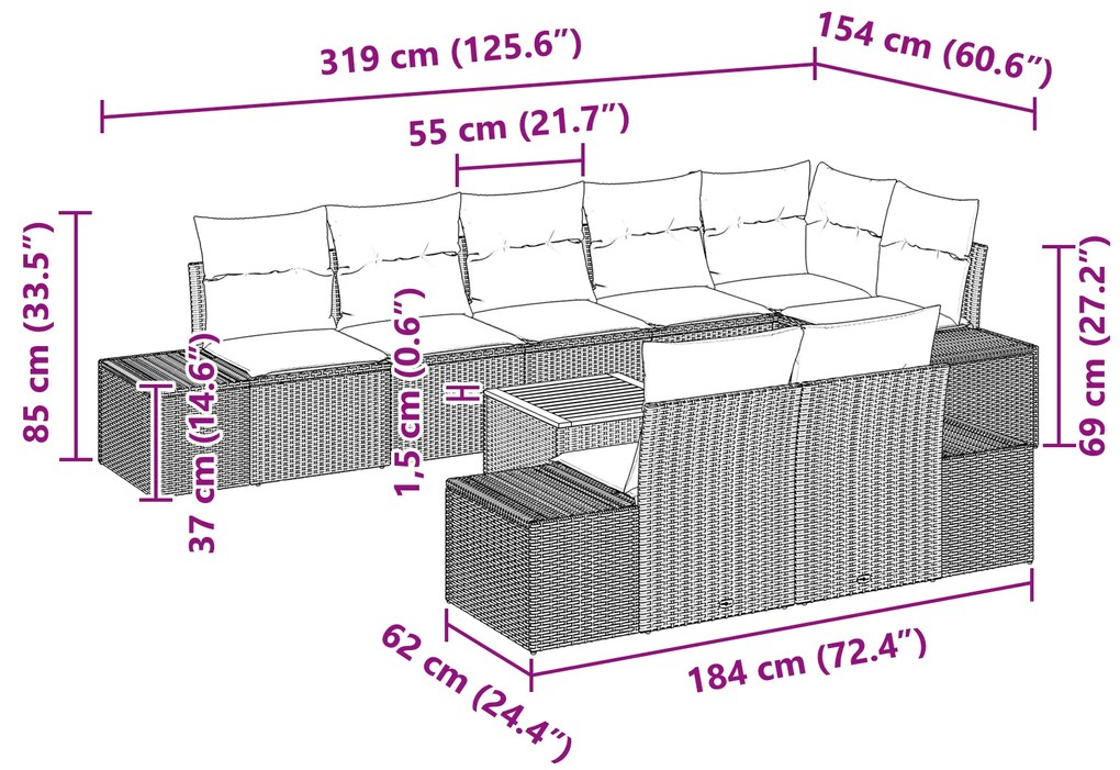 Conjunto de Sofás de Jardim de 9 Peças com Almofadas Bege Vime Sintéti