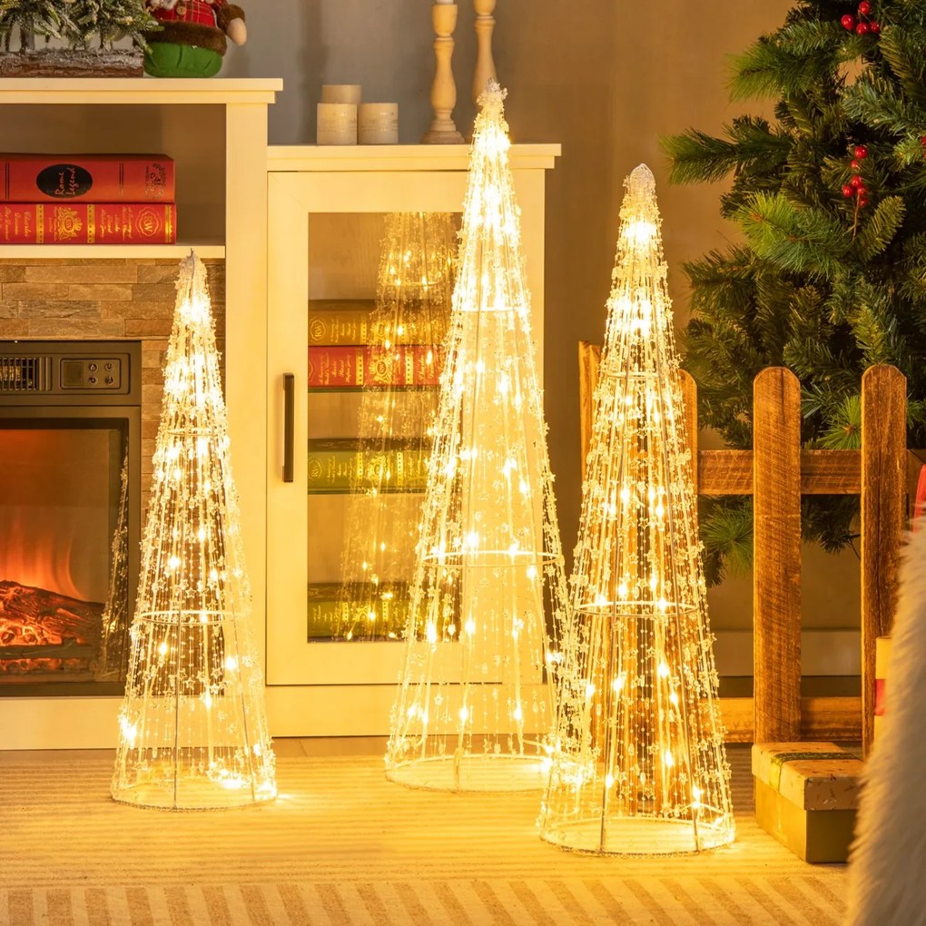 Conjunto de 3 árvores de Natal pré-iluminadas em forma de cone com correntes de estrelas 62/72/81cm
