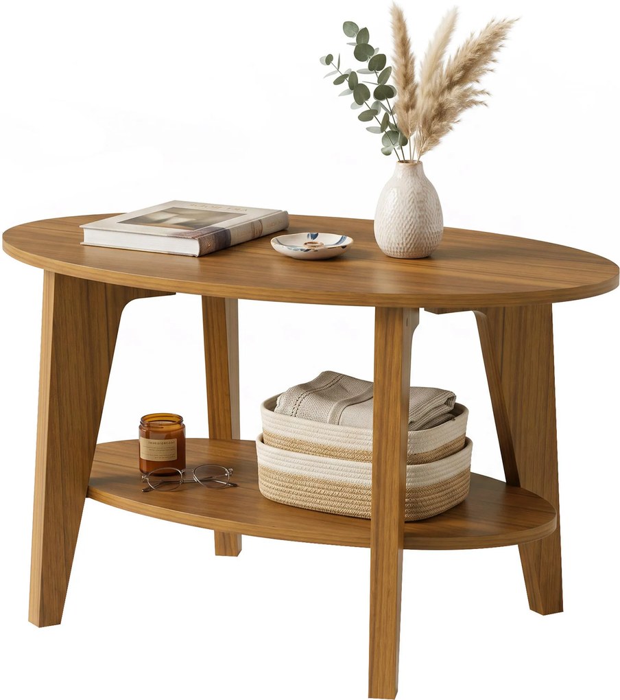 Mesa de Centro Oval, 80 x 50 x 45 cm, Arrumação em Dois Níveis, Cor Carvalho
