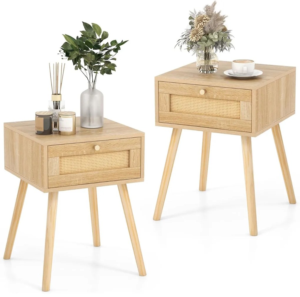 Conjunto de 2 mesas de cabeceira Boho com decoração em rattan tecido à mão para o quarto e a sala de estar 40 x 40 x 55 cm Natural
