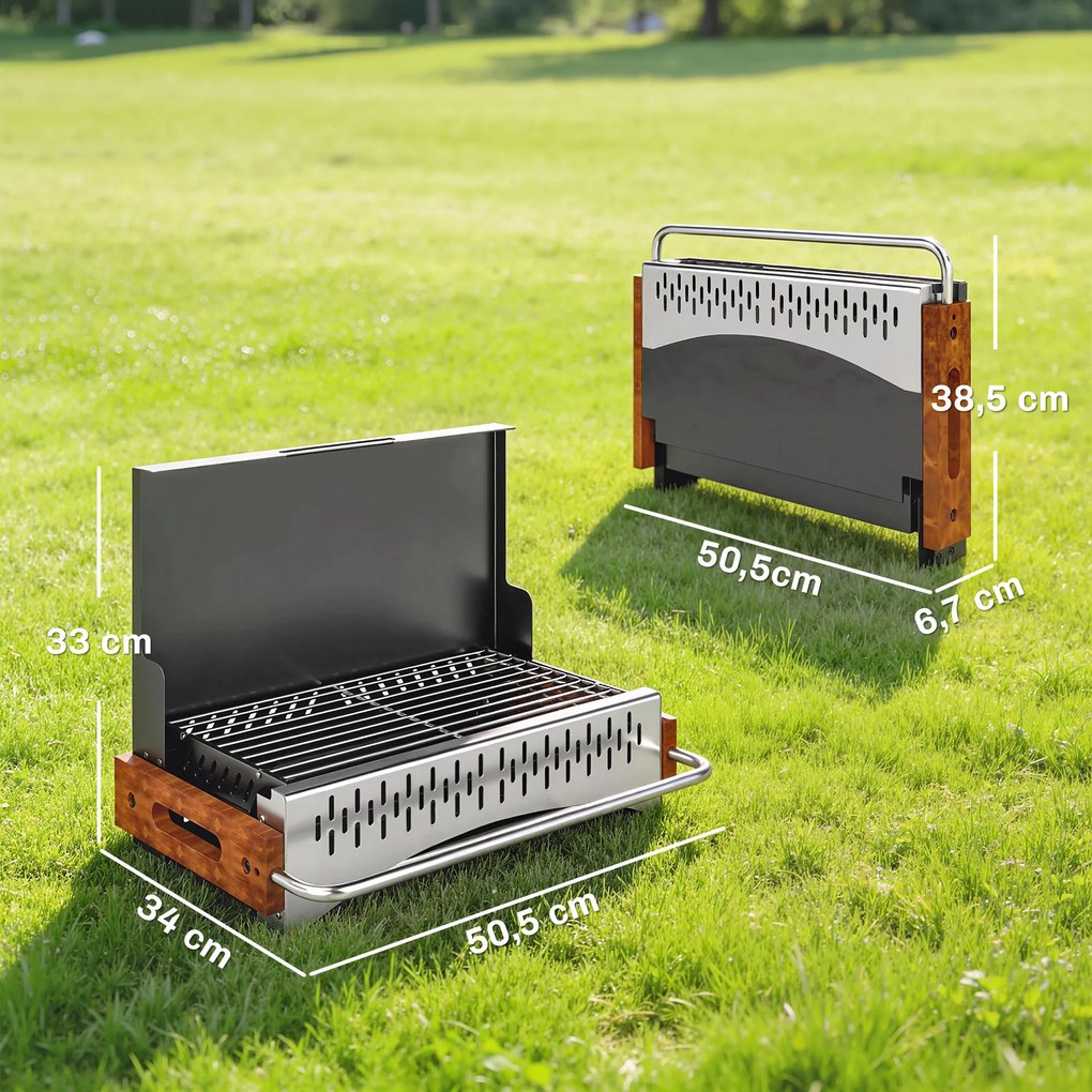 Grelhador a Carvão Dobrável Portátil 50,5x34x33 cm com Bandeja de Carvão Removível para Campismo Piqueniques Preto