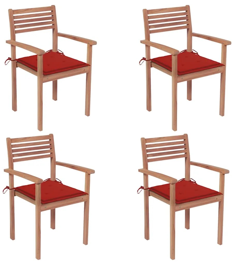 vidaXL Cadeiras de jardim c/ almofadões vermelhos 4 pcs teca maciça