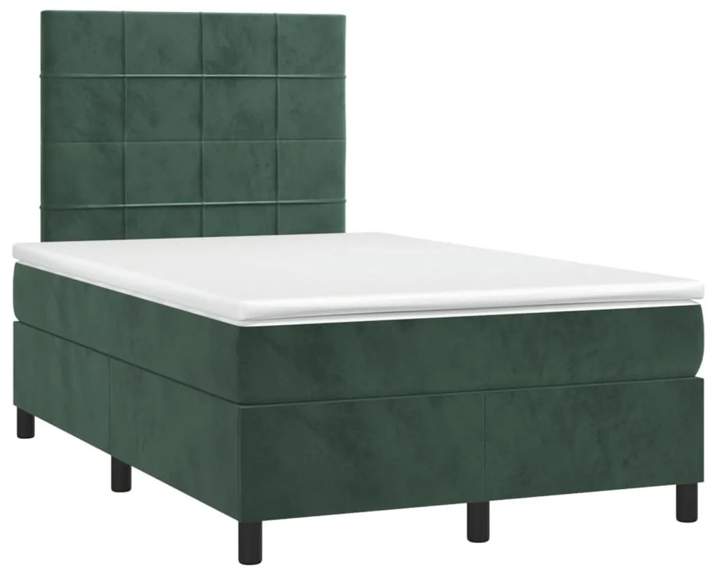 Cama box spring c/ colchão/LED 120x200 cm veludo verde-escuro