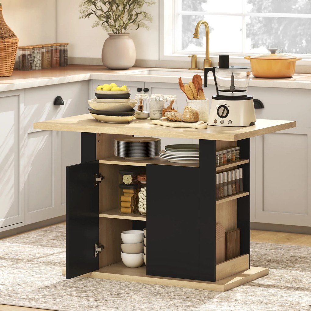 Mesa de jantar em ilha central de cozinha com ampla bancada para 4-6 pessoas, armário de 4 portas, 110 x 70 x 75,5 cm, preto e natural