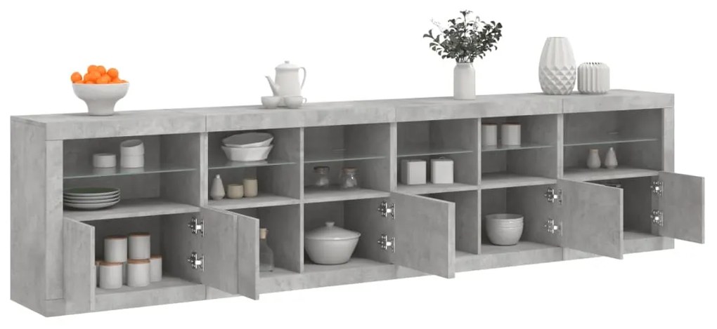 Aparador com luzes LED 283x37x67 cm cinzento cimento