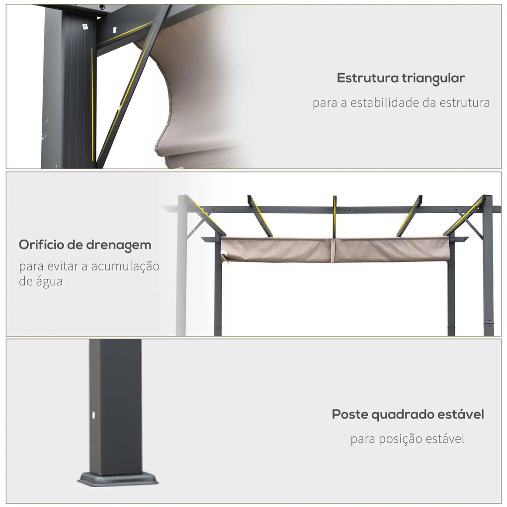 Pérgola de Jardim com Toldo de Poliéster Retrátil e Estrutura de Alumínio para Exterior Pátio 3x3 m Cinza e Castanha