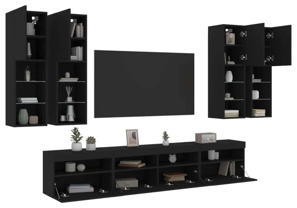 vidaXL 7 pcs conjunto de móveis de parede para TV com luzes LED preto