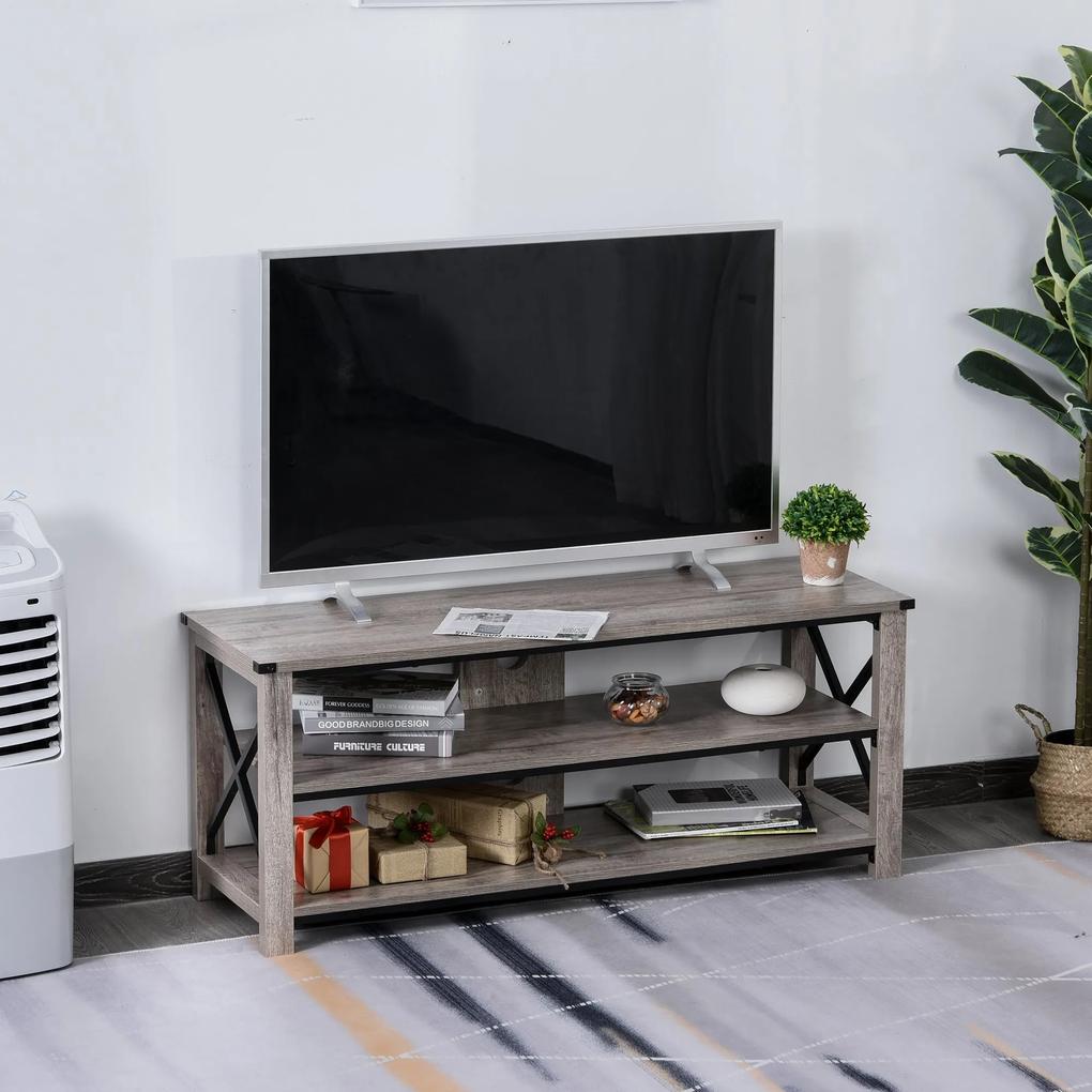 HOMCOM Suporte para TV de armazenamento de madeira em estilo industrial com 2 prateleiras 120x39x50,5 cm carvalho