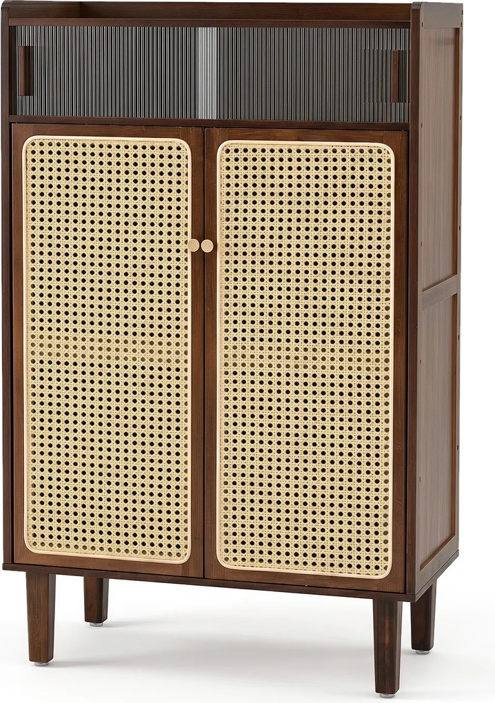Sapateira, 67 x 33 x 107 cm, 5 Níveis com Portas de Rattan, cor Nogueira