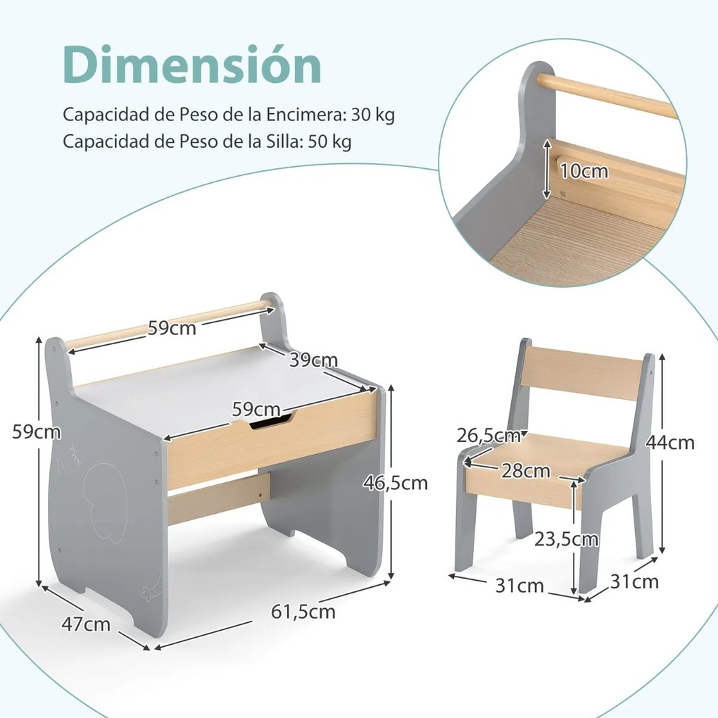 Conjunto de mesa e cadeira infantil de madeira 2 em 1 para crianças com tabuleiro removível, cinzento