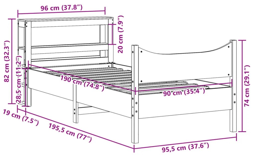 Estrutura cama c/ cabeceira 90x190 cm pinho maciço castanho-mel