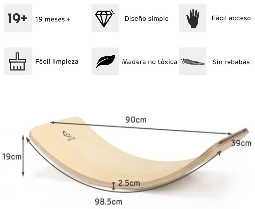 Tábua de equilíbrio de madeira Tábua curva para treino de ioga e terapias em casa e nas aulas  90 x 39 x 19 cm Natural