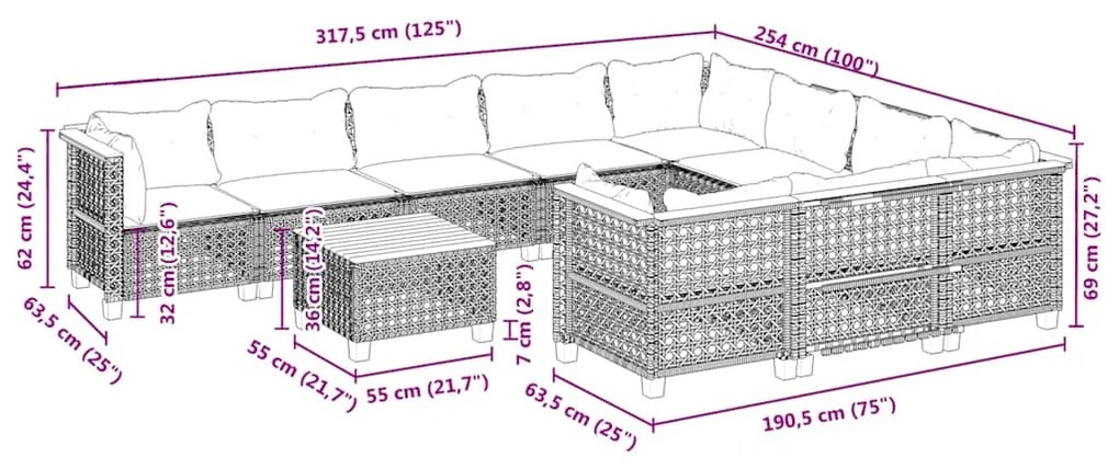 11 pcs conjunto sofás de jardim c/ almofadões vime PE bege