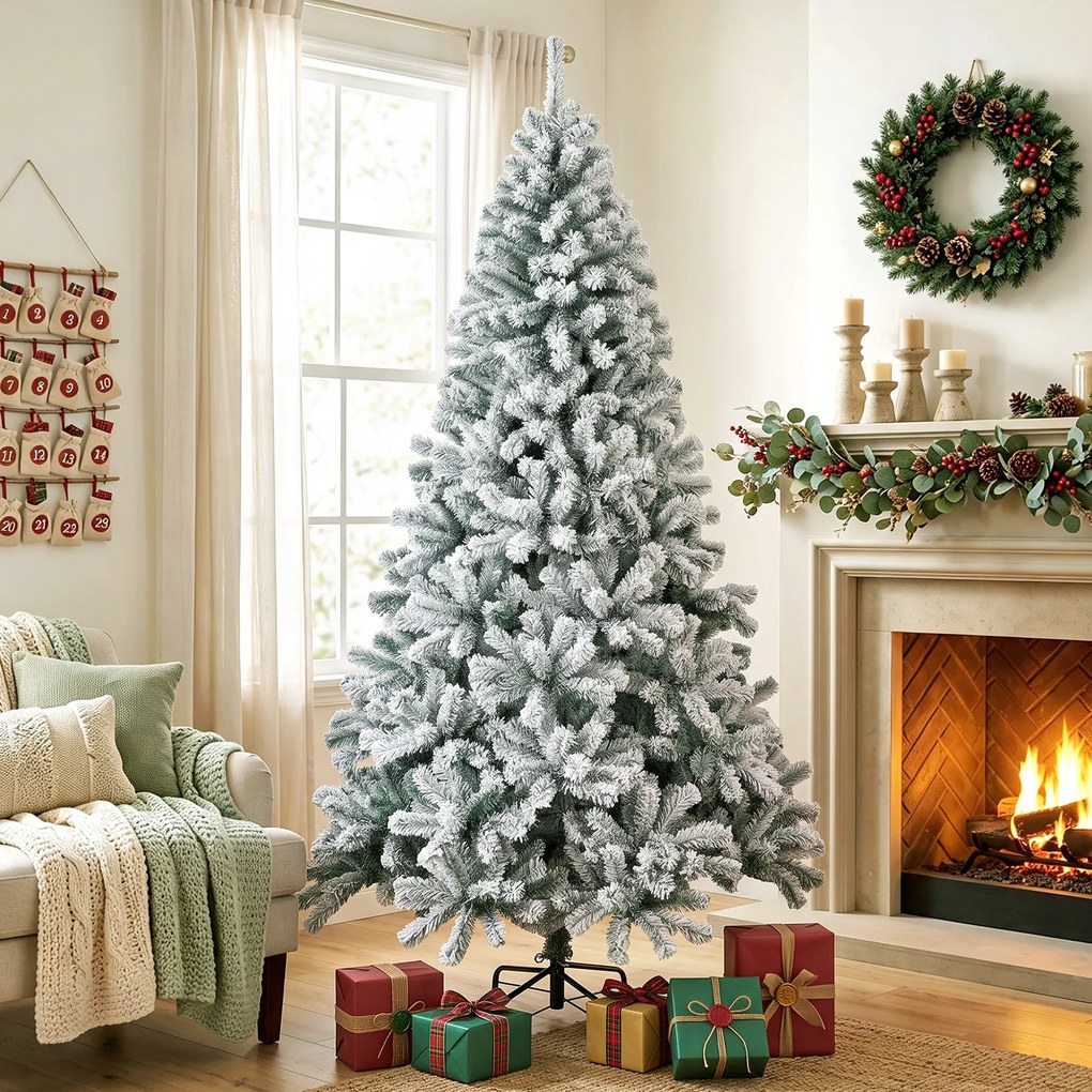 Árvore de Natal Nevada 230 cm com 1000 Pontas em PVC Ignífugo, Ramos Articulados, Montagem Rápida, Verde e Branco