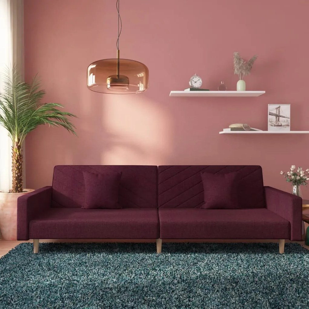 vidaXL Sofá-cama 2 lugares com duas almofadas tecido roxo
