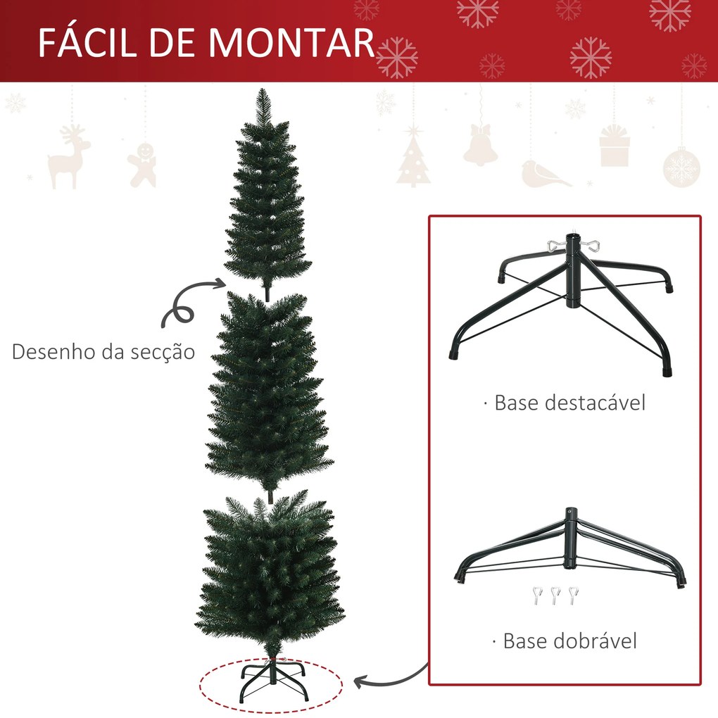 Árvore de Natal Artificial Altura 180cm com 380 Ramos de Folhas de PVC Ignífugos Base Dobrável e Suporte Metálico Decoração de Natal para Interiores Ø