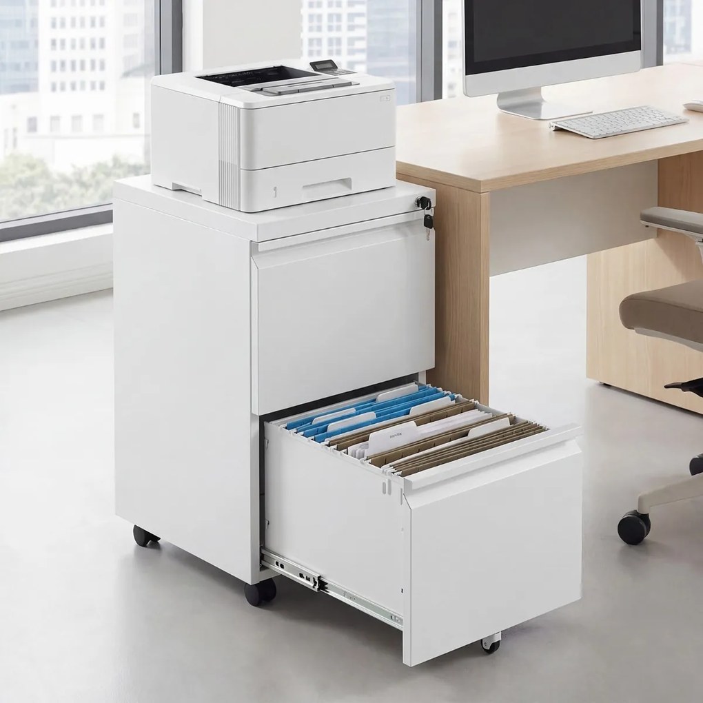 Armário de arquivo escritório móvel com 2 gavetas 44 x 37 x 67 cm, fechadura e 5 rodas, em metal, para arquivos de tamanho Carta, A4 e Legal, para esc
