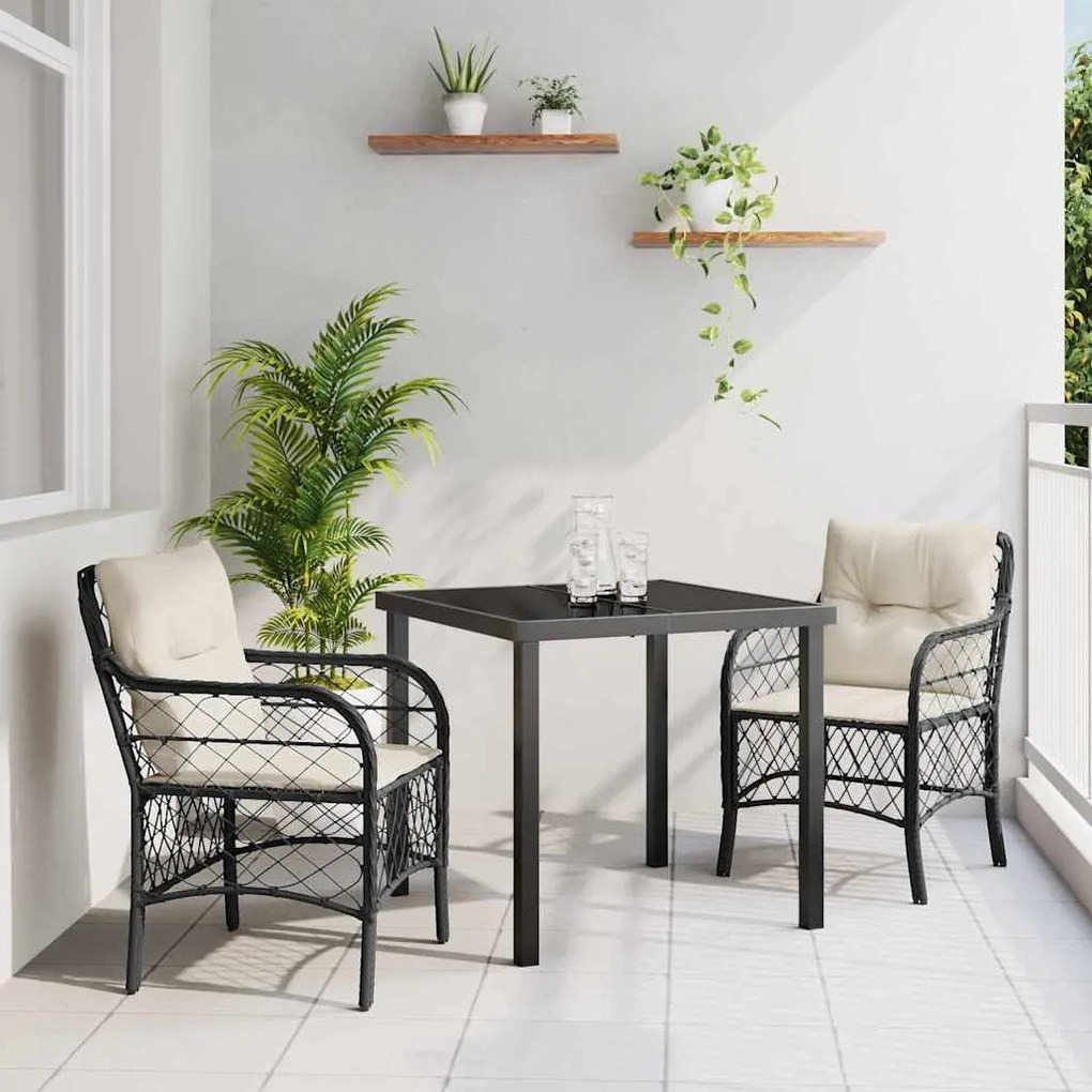 vidaXL Conjunto de Jantar de Jardim em 3 Peças com Almofadas Preto - Rattan Sintético.