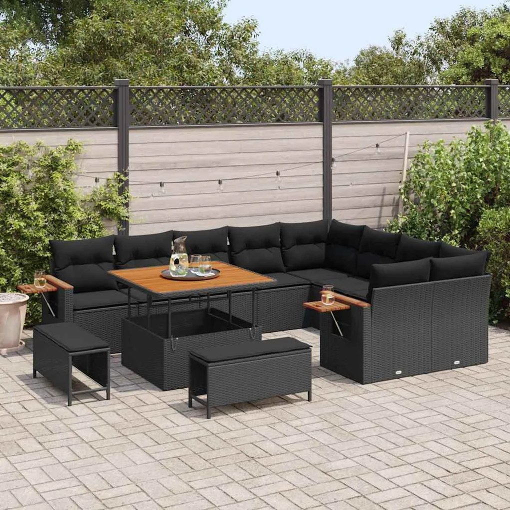 Conjunto de Sofá de Jardim vidaXL 12 Peças com Almofadas Preto Vime PE
