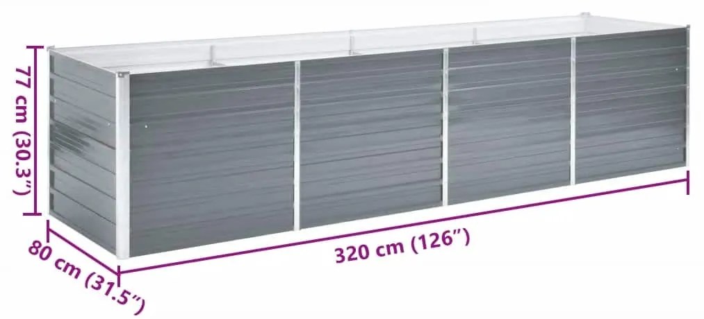 Canteiro elevado de jardim aço galvanizado 320x80x77cm cinzento