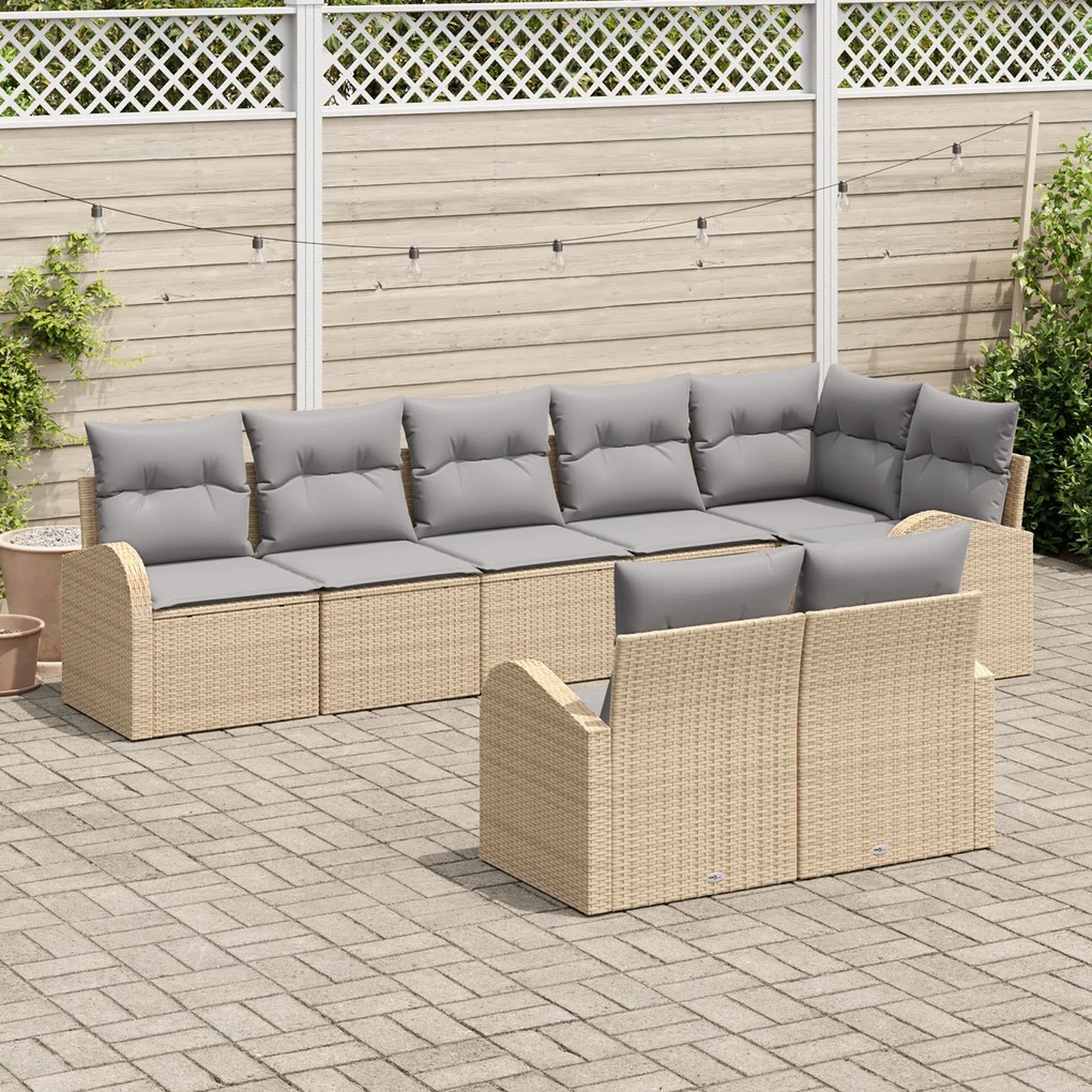 Conjunto de Sofá de Jardim de 8 Peças com Almofadas Bege Rattan Sintét