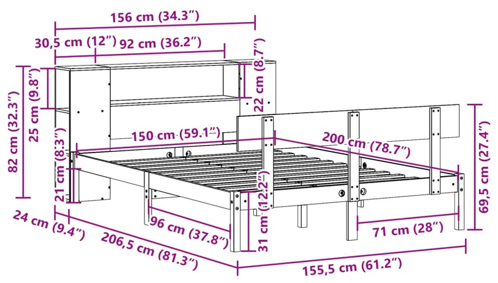Cama com estante sem colchão 150x200 cm pinho maciço branco