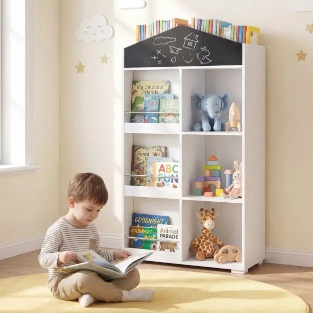 Estante infantil em forma de casa 64 x 30 x 116,5 cm, estante para crianças com compartimentos, quadro de giz e kit anti-tombamento, armário organizad
