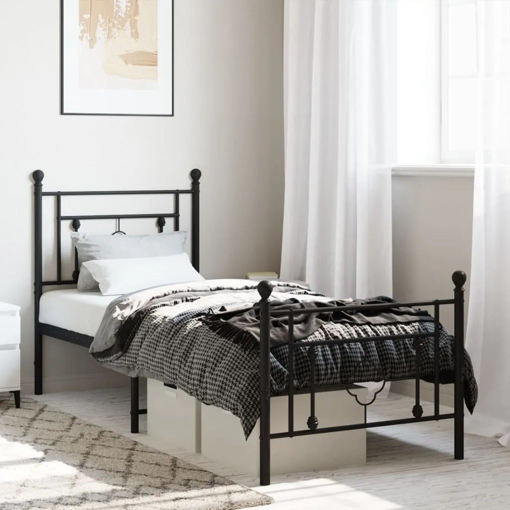 Estrutura de cama com cabeceira e pés 75x190 cm metal preto